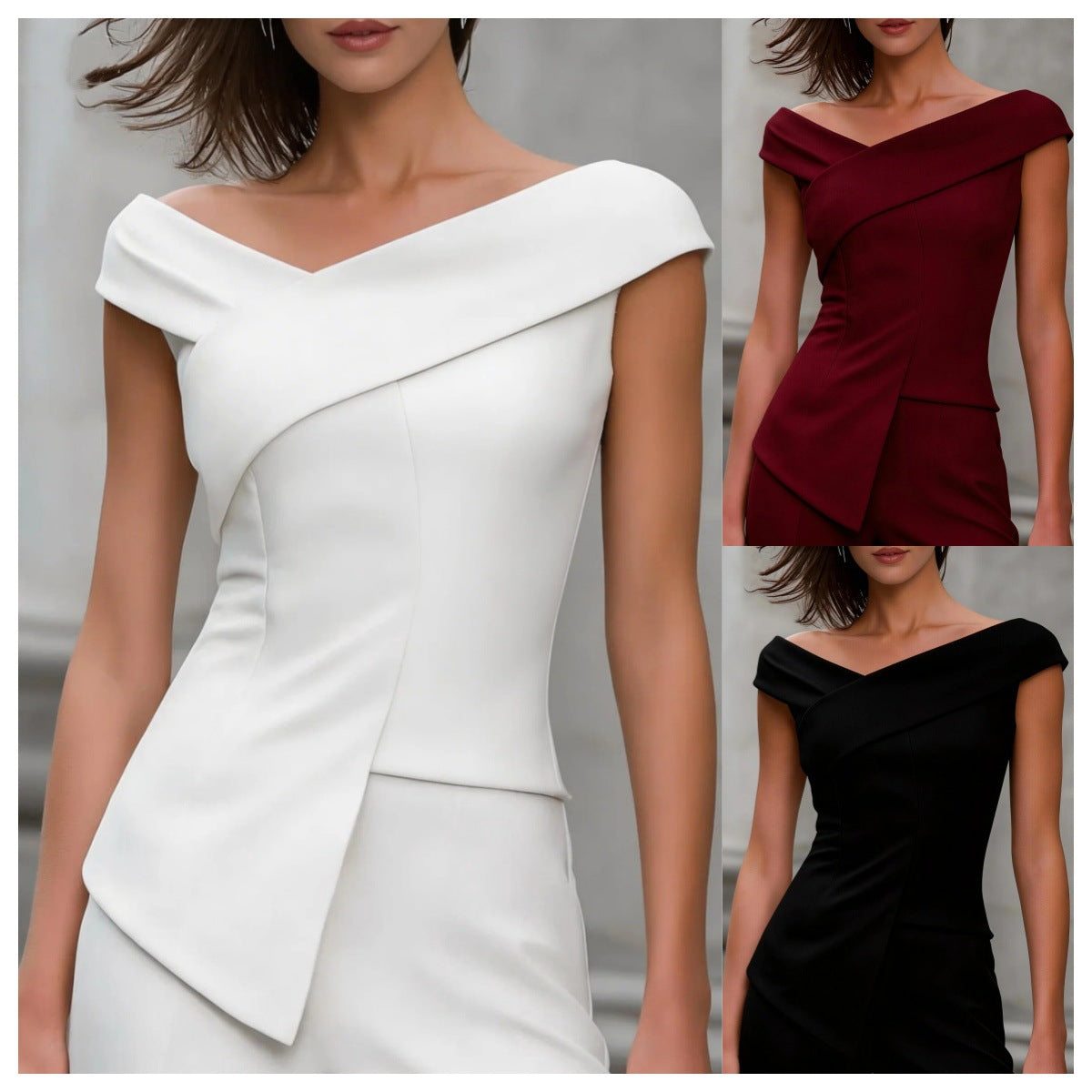 Womens Solid-Color Fashion Off-Shoulder Cross V-Neck Asymmetrical Top
