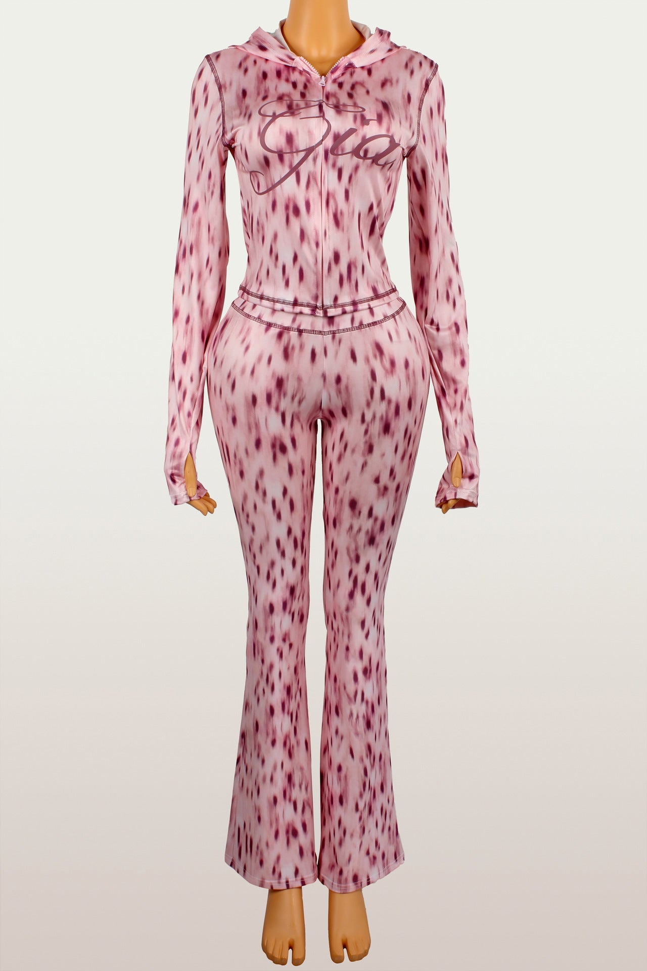 Fashionable Printed Casual Leopard-Print Zippered Long-Sleeve Jacket And Pants Set