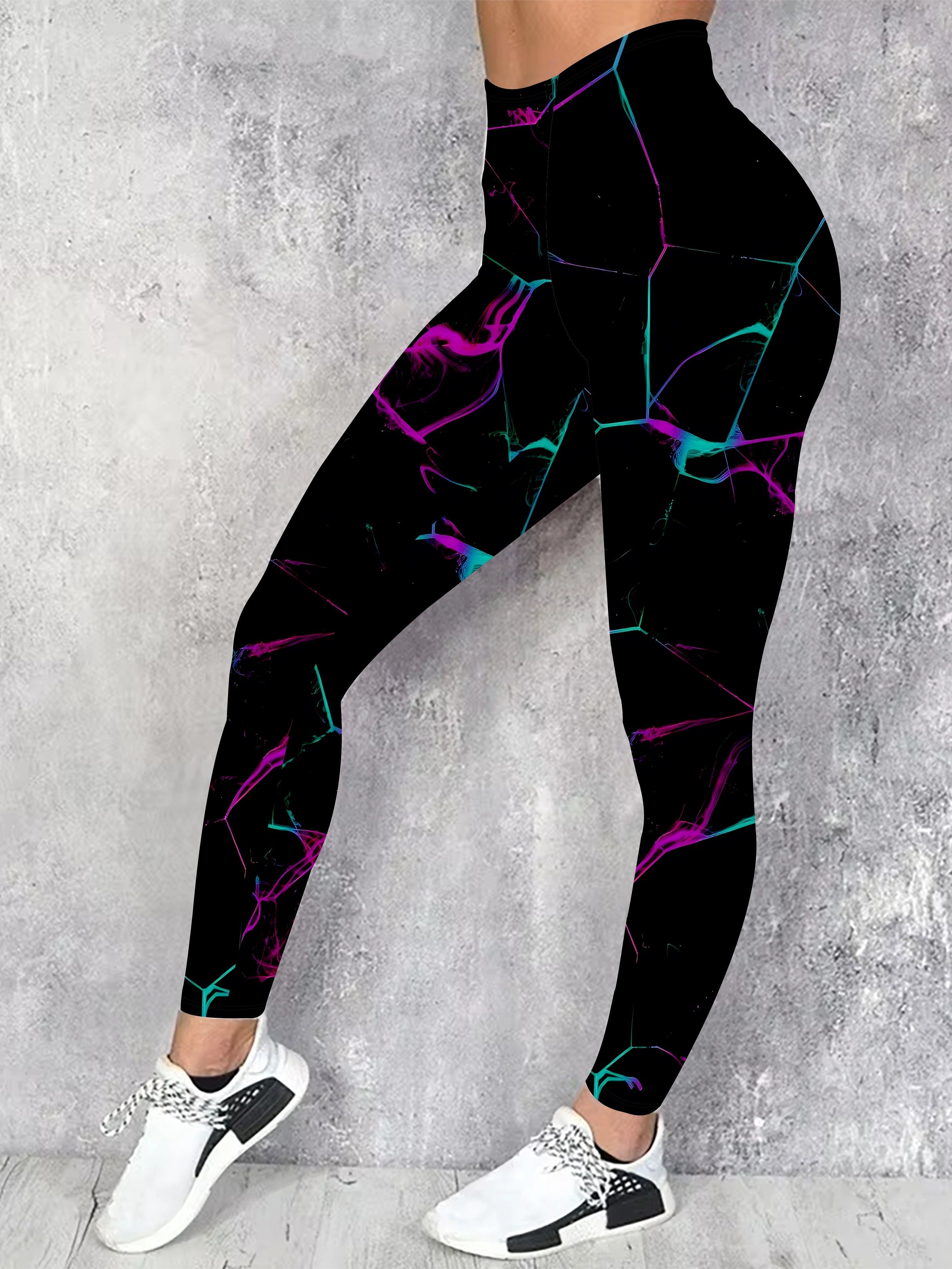 Women's Plus Size High-Waisted Floral Print Leggings - Stretchy, Casual, Machine Washable, Black with Vibrant Purple & Teal Accents, All-Season Comfort Fit, High Waisted Leggings