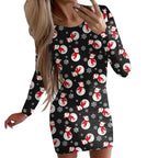 New Christmas Printed Round Neck Long Sleeve Narrow Dress