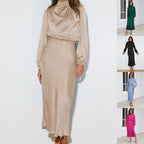 Elegant Temperament Long-sleeved Dress Satin Halterneck Formal Evening Dresses Women Clothing
