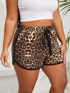Women's Plus Size Leopard Print High-Waisted Shorts with Drawstring - Casual and Stretchy Polyester Blend for Spring/Summer Fashion