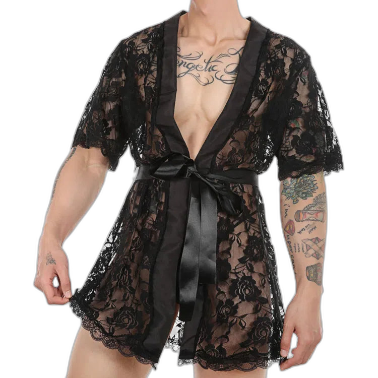 Masculine Lace Thong + Bathrobe Set