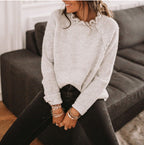 Fashionable Loose-Fit Solid-Color Knitted Sweater With Buttons And Ruffle Neck Long-Sleeve Top