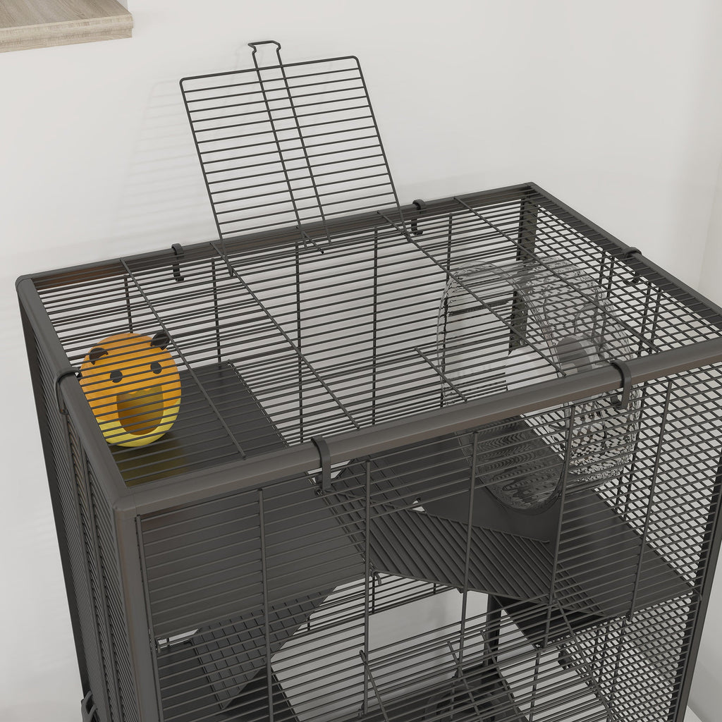 PawHut 4 Tiers Hamster Cage with Deep Tempered Glass Bottom, Hut, Running Wheel, Food Dish, Water Bottle, 60 x 40 x 80cm