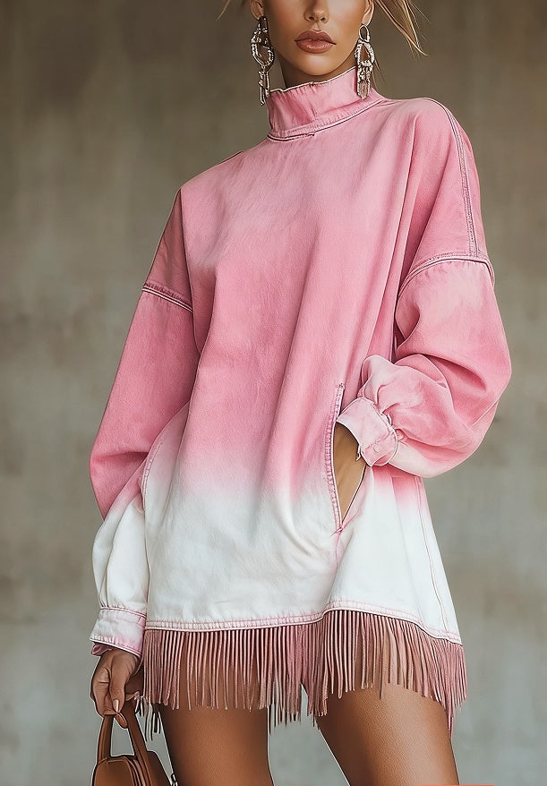 Loose Pocket Tassel Long-Sleeve Suede Dress