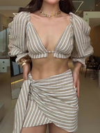 Striped Long-sleeved Crop Top & Strappy Skirt Set