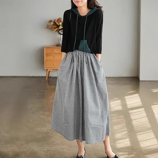 High-waisted Cotton-linen Plaid Wide-leg Pantskirt Loose-fitting Casual Trousers Elegant Style