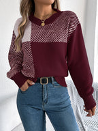 Women Casual Color Block Plaid Long Sleeve Pullover Sweater