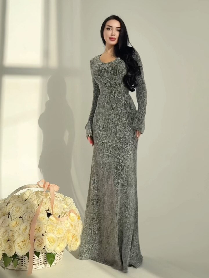 Round Neck Hot Diamond Maxi Dress - Sparkle Embellished Evening Gown for Women