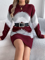 Women Casual Color Block Lantern Sleeve Sweater Dress