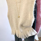 Women's Sweet And Soft Solid-Color Knitted With Ruffled Hemline Sweater Vest Waistcoat Top