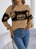 Women Pumpkin Head Color Block Long Sleeve Pullover Sweater