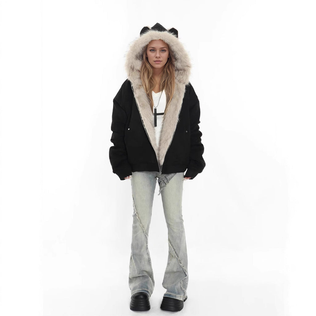 Winter Coat With A Fur Collar Made From Faux Suede For Warmth