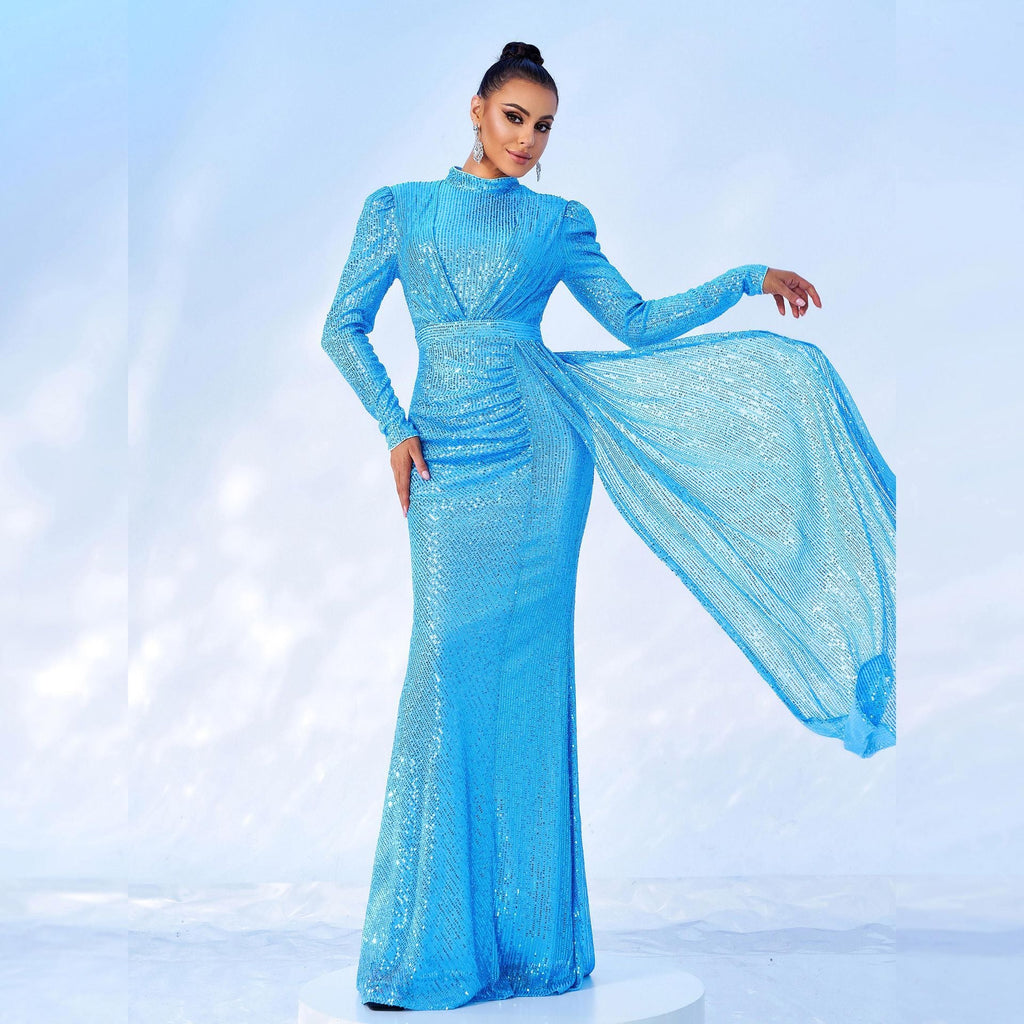 Long Sleeve Round Neck Sexy Slim Long Sequined Banquet Dress