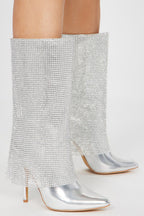 Demi Embellished Overlay Knee High Boots - Silver