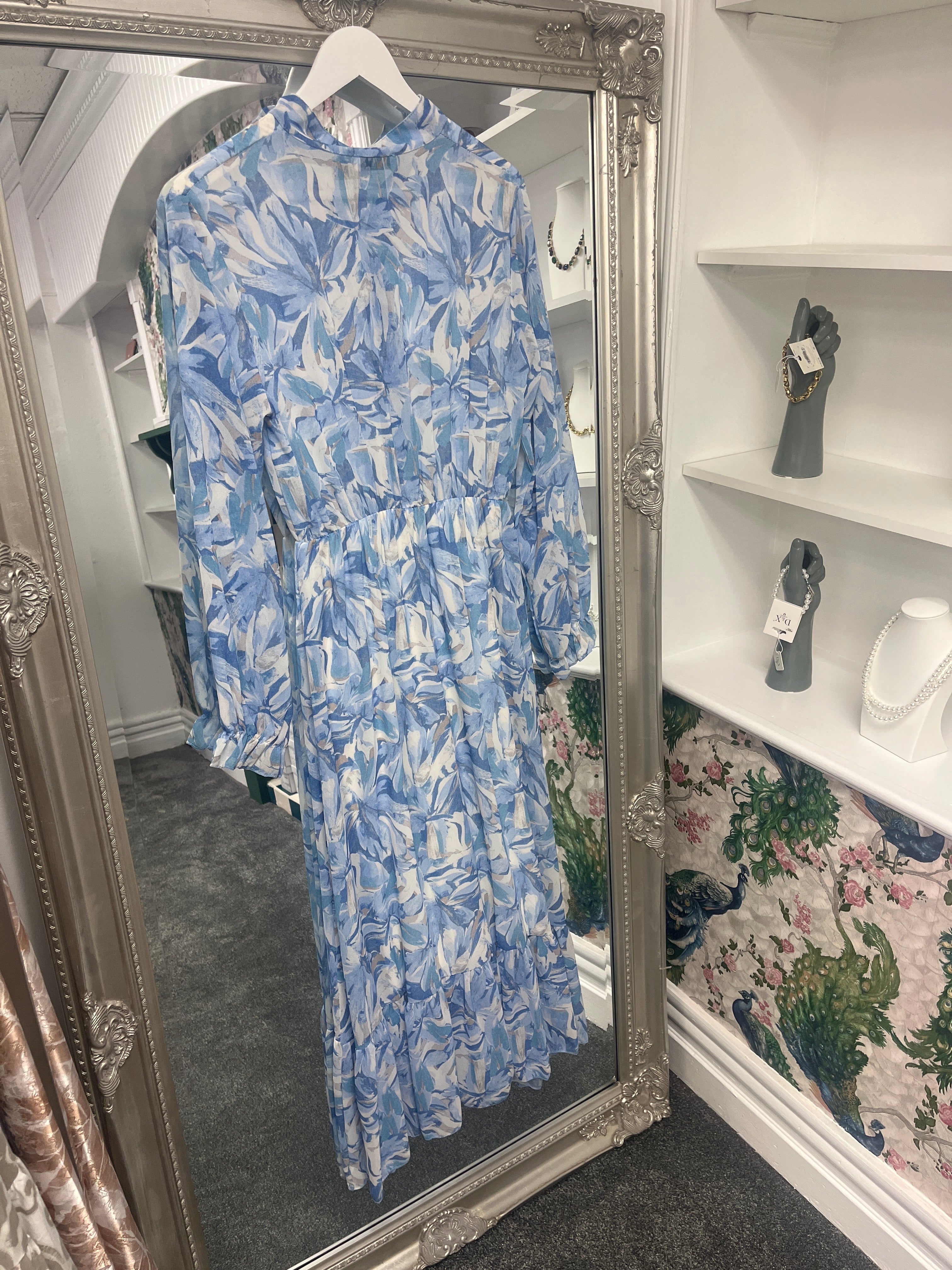 Blue Maxi Floral Long Sleeve Dress |One Size Dress 8–14