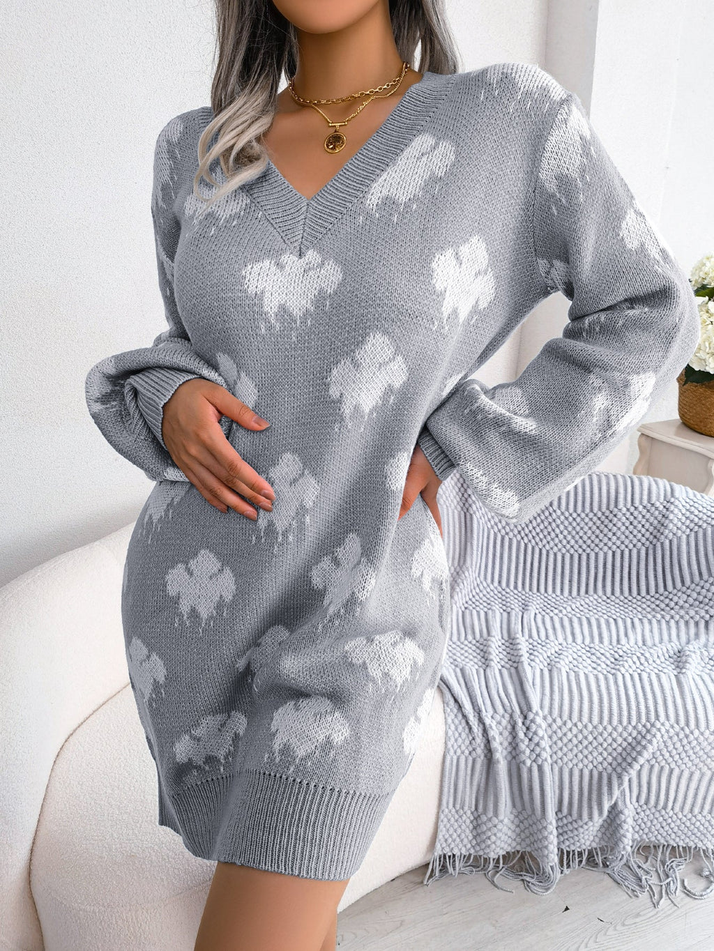 Women's Color-Blocked Cloud Lantern Sleeve Knitted Slip Dress