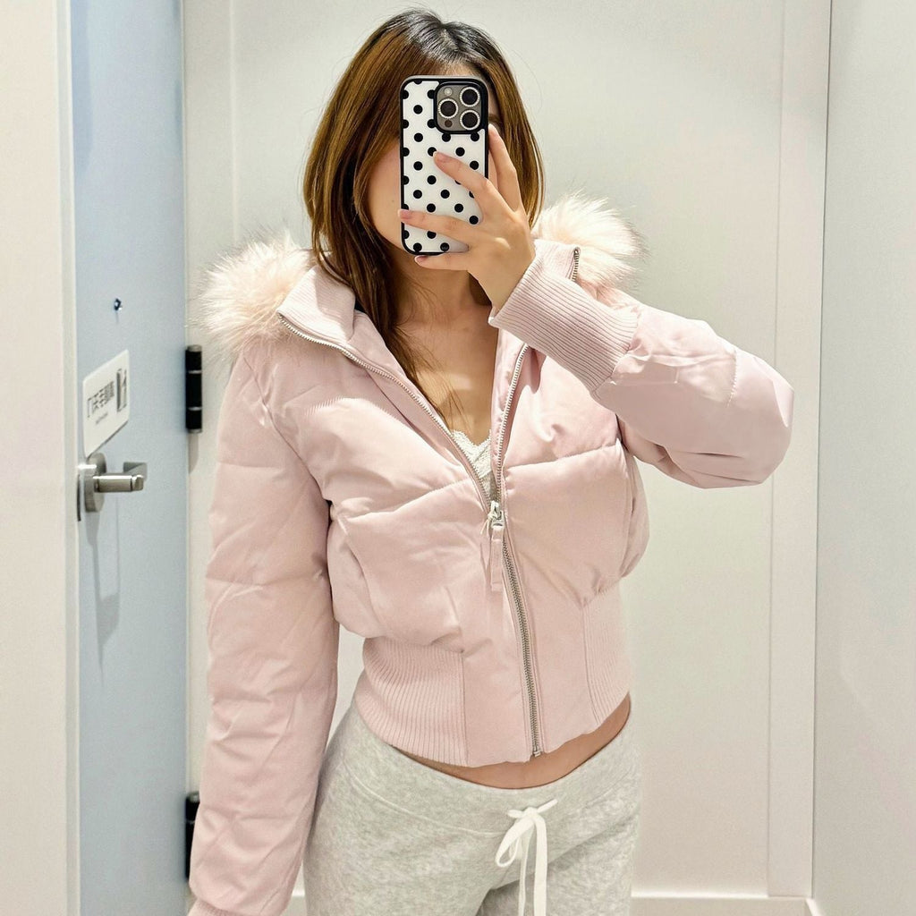Women's Versatile American Retro Fur-collar Hooded Short Cotton Jacket