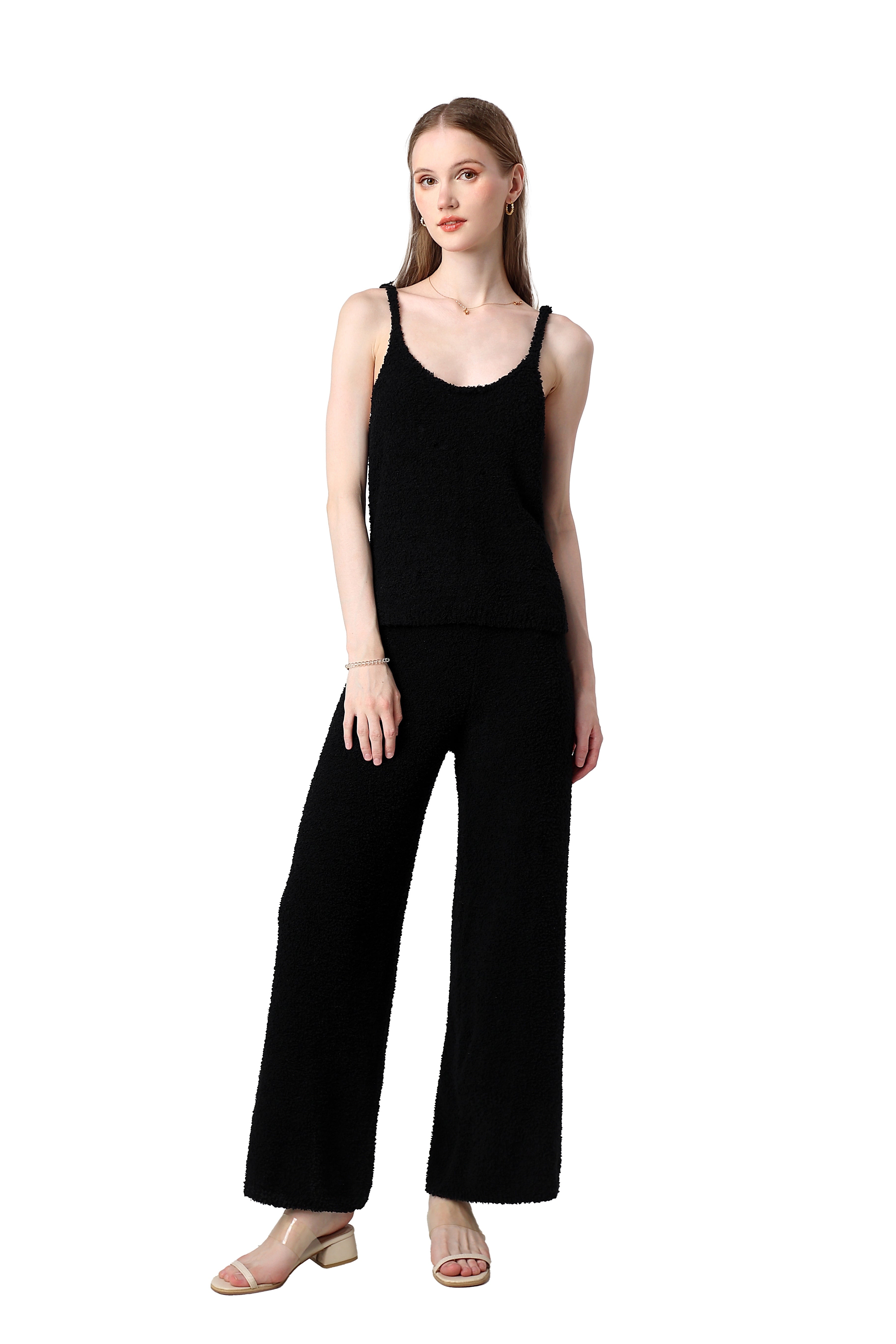 Women's Plush Two-piece Jumpsuit, Short-sleeved Bandeau Top, Wide-leg Pants, Eye-catching Outfit