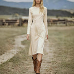 Women's Retro Western Crew-Neck Long-Sleeve Fringed Suede Velvet Dress
