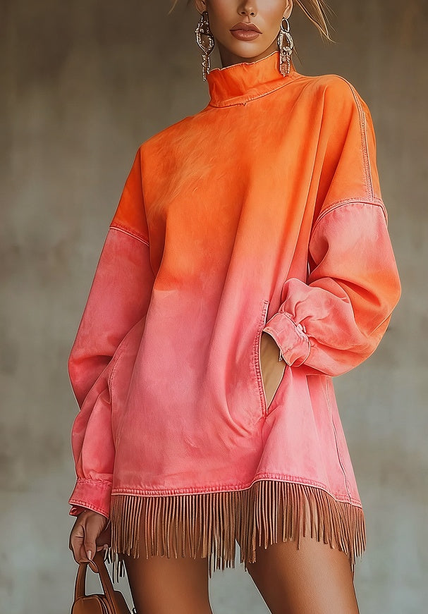 Loose Pocket Tassel Long-Sleeve Suede Dress