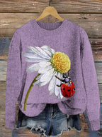 Digital-print Rabbit Amidst A Floral Meadowartistic Outfit Warm Chunky-knit Crewneck Hoodie