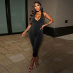 Women's Halter Deep V-Neck High-Slit Backless Cropped Jumpsuit