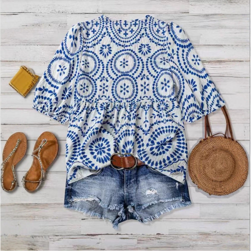 Women's Vintage-print Loose-fit V-neck Short-sleeve Blouse