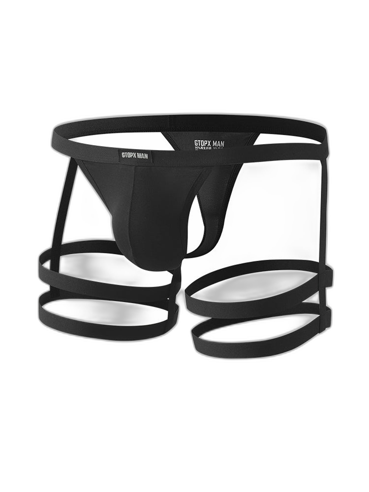 2 Pack Men's Low-Rise Sexy Thong with U-Pouch and Fixed Thigh Straps