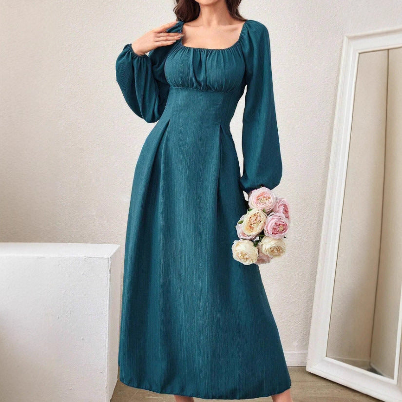 Women's Fashion Square-neck Tie-waist Figure-flattering A-line Dress With Long Sleeves And An Elegant Vibe