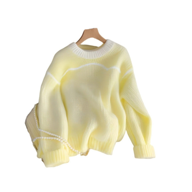 Lemon-yellow Loose-fit Long-sleeve Knit Sweater
