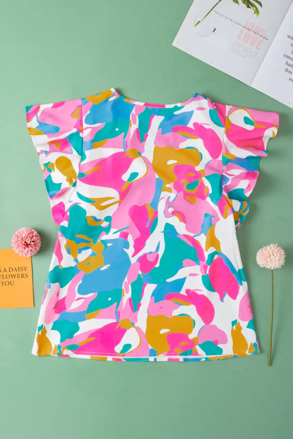 Multi Colour Flutter Sleeve Blouse Abstract Print Women UK