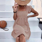 Square-neck Yarn-dyed Plaid Long-sleeve Loose-fitting Dress With Zippered Pockets