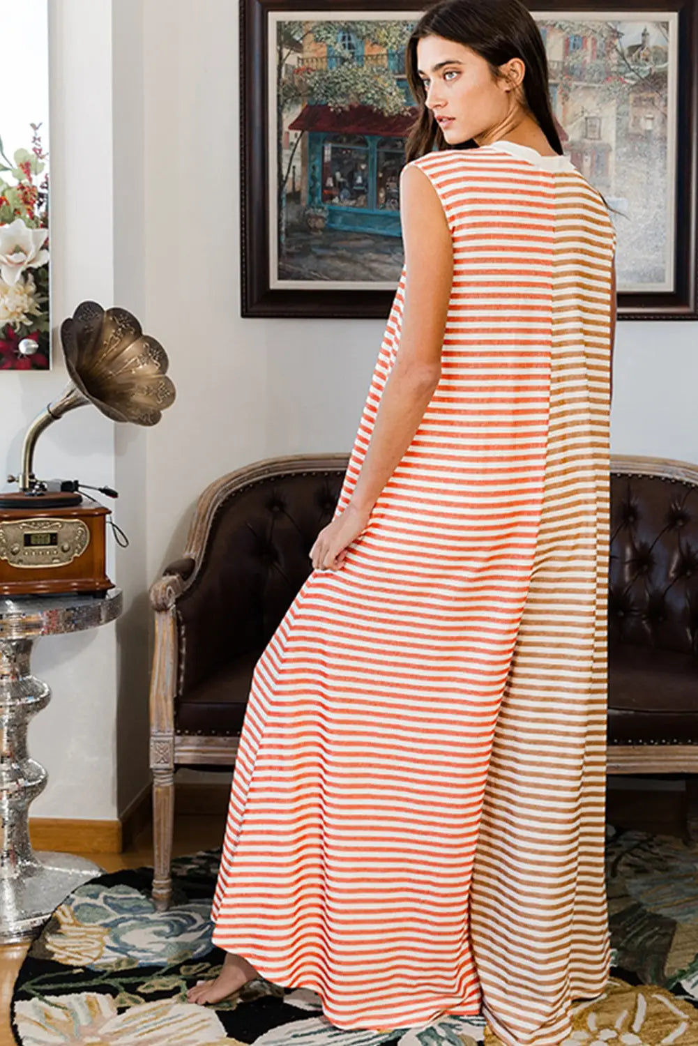 Orange Stripe Oversized Sleeveless Wide Leg Jumpsuit Buttoned Front