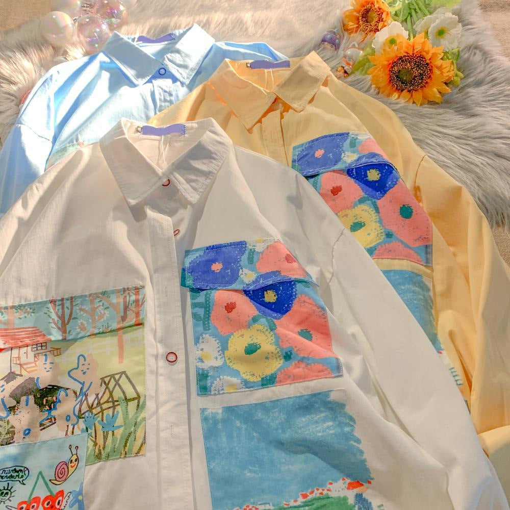 Milk-yellow Oil Painting Cute And Chic Floral Blouse