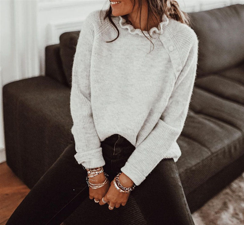 Fashionable Loose-Fit Solid-Color Knitted Sweater With Buttons And Ruffle Neck Long-Sleeve Top