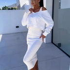 Women's Two Piece Dress Suit Fashion Long-sleeved  V-neck Pullover Sweatshirt And Sleeveless Dresses Set