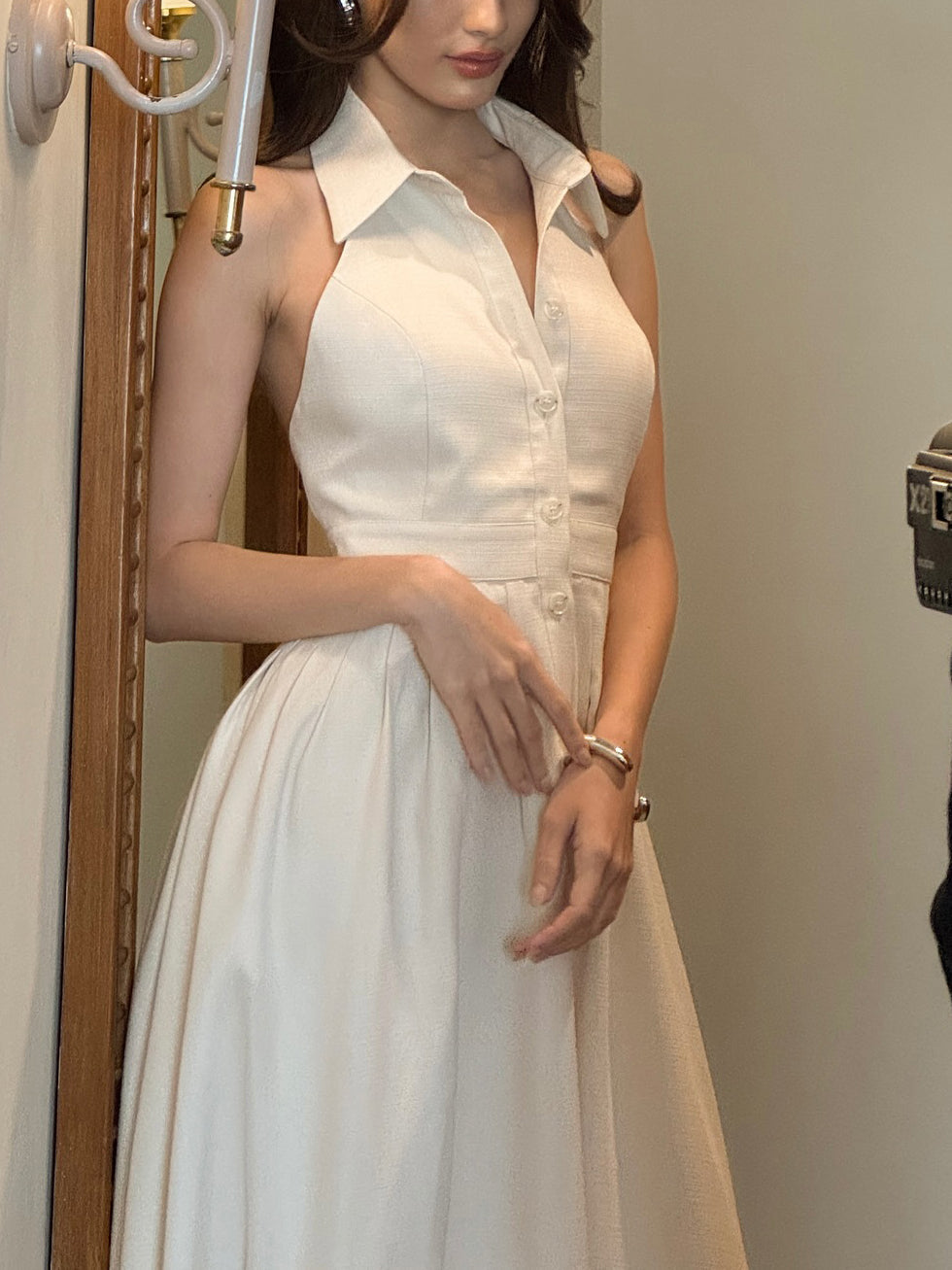 Commuter Single-breasted Backless Solid Color Shirt Dress
