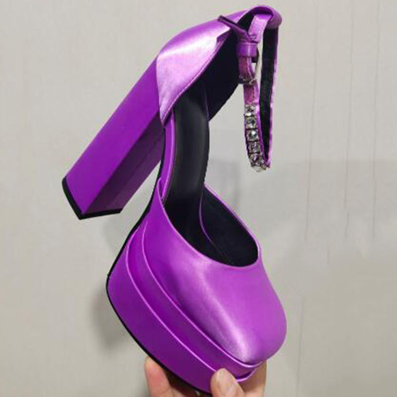 Super High Heel Platform Thick Heel Hollow Square Toe Satin Hate Sky High Baotou Plus Size Catwalk Sandals High Heels