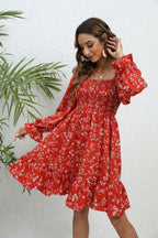 Spring And Summer Floral Long Sleeve Mid-length Dress
