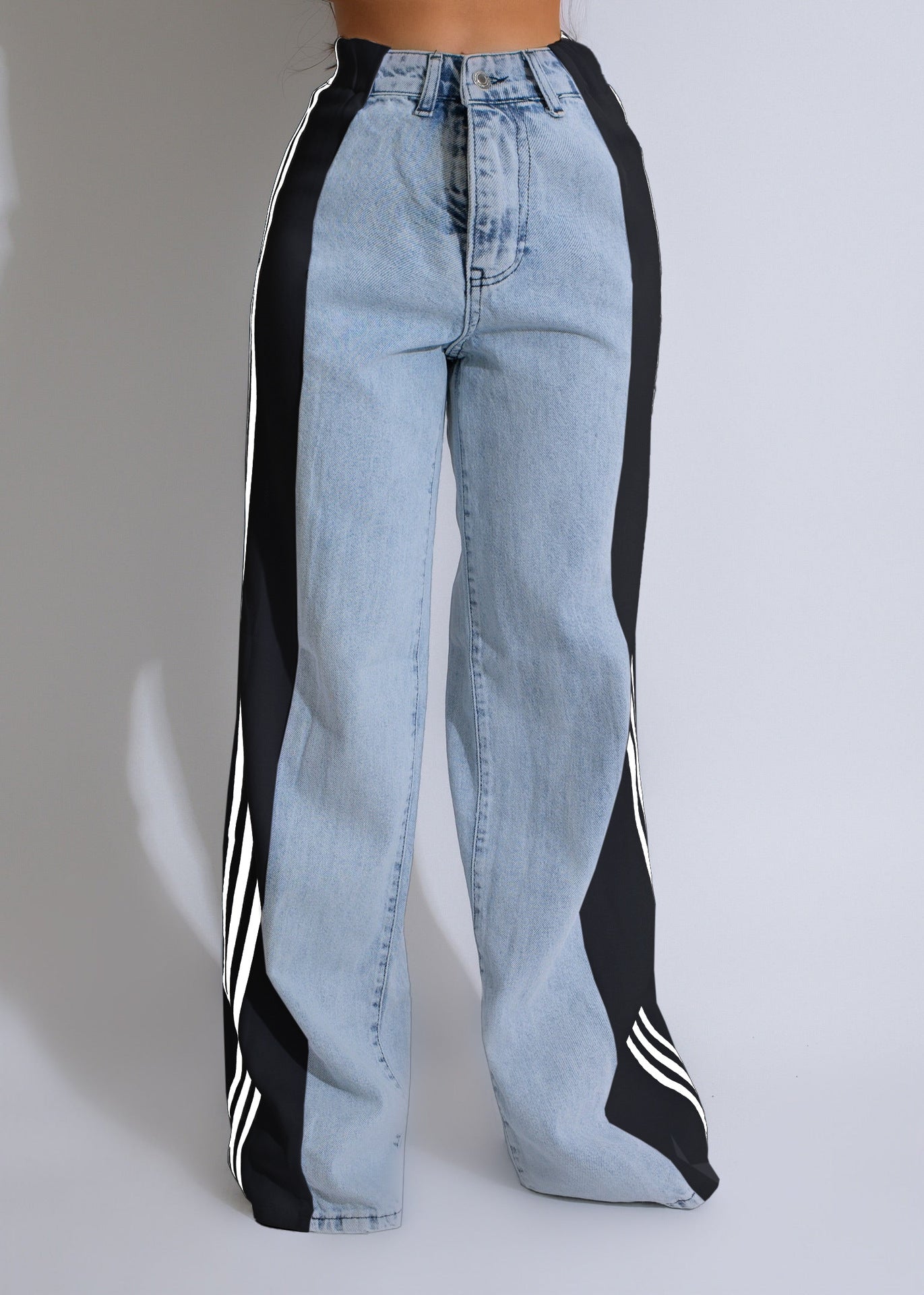 Fashion Casual High Waist Elastic Straight Leg Trousers Three Stripe Patchwork Denim Wide Leg Pants Streetwear