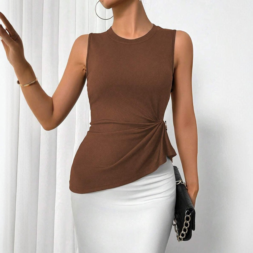 Solid-color Pleated Waist-cinching Sleeveless Top For Women