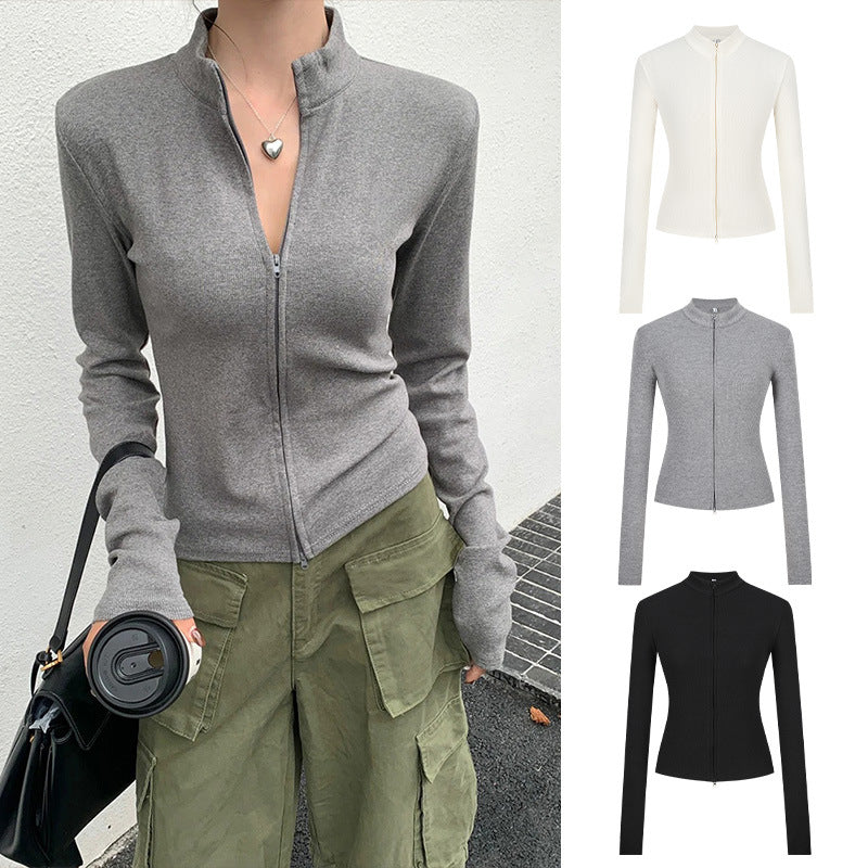 Stand-up Collar Slim-fit Waist-cinching Cardigan Top