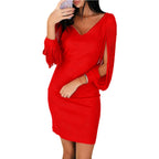 V-neck Tassel Long-sleeve Mini Sheath Party Dress
