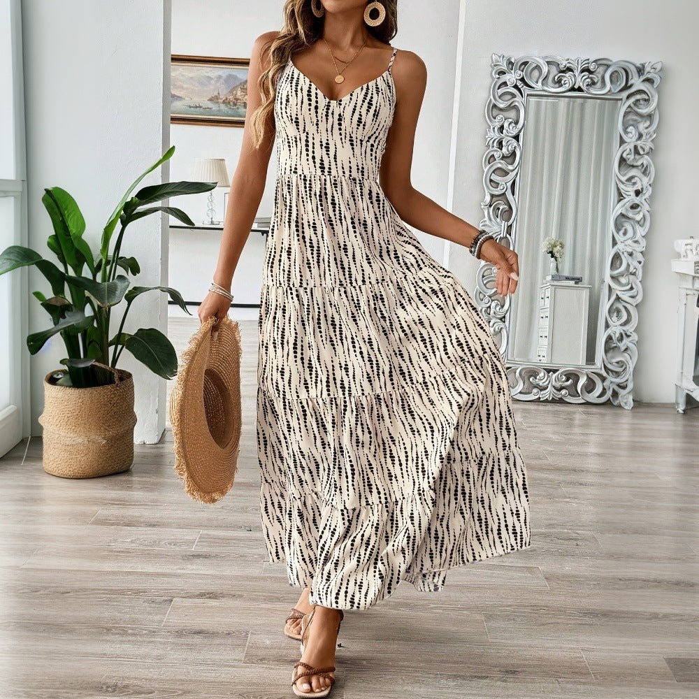 European And American Vacation Style Sling Dress Irregular Stripe Design