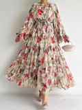 Floral-print Long-sleeve Chic And Elegant Robe Dress