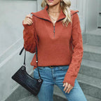 Customizable Zippered POLO Sweater With Large Lapel And Textured Knit Pullover