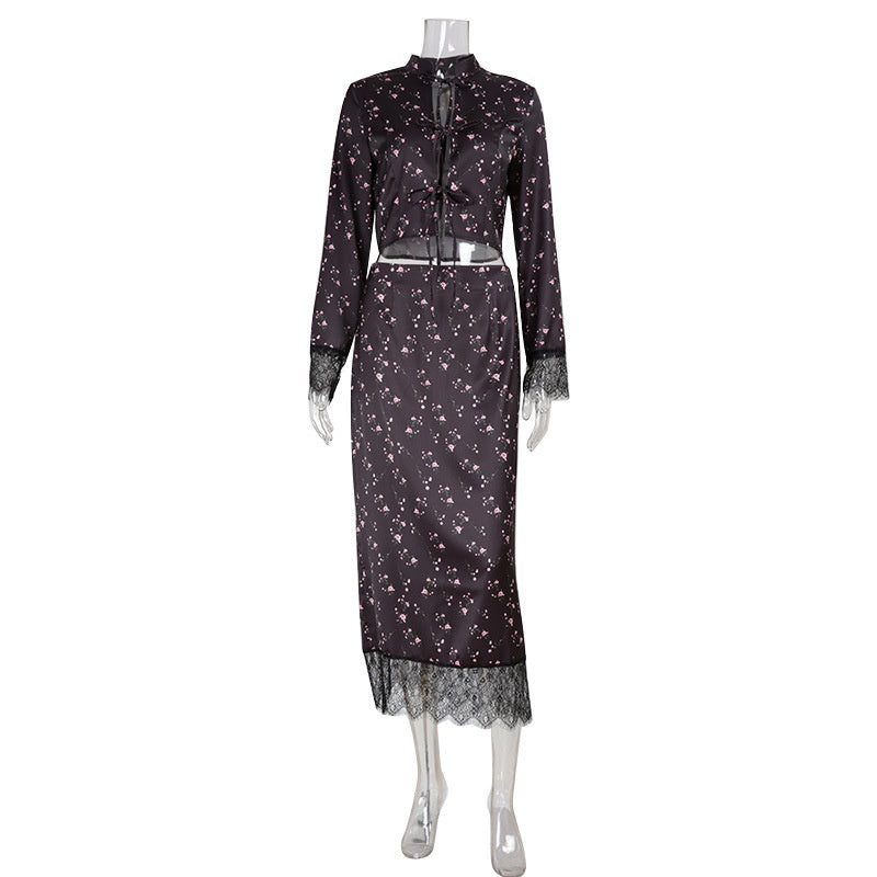 Women's Fashionable Printed Long-Sleeve Lace-Patchwork Skirt Set