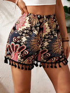 Floral Print Shorts with a Tassel Hem in a Vacation Style for Women.